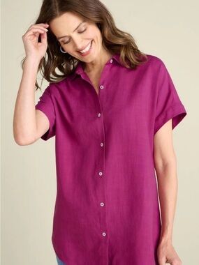 Soft Surroundings Je Veux TENCEL Women's Button-up Short-Sleeve Top in Fuchsia